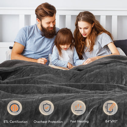 Heated Blanket Queen Size 84''X90'', Fast Heating with Dual Controllers Electric Blanket, 10 Heating Levels, 10H Timer, Preheat Function - Gray