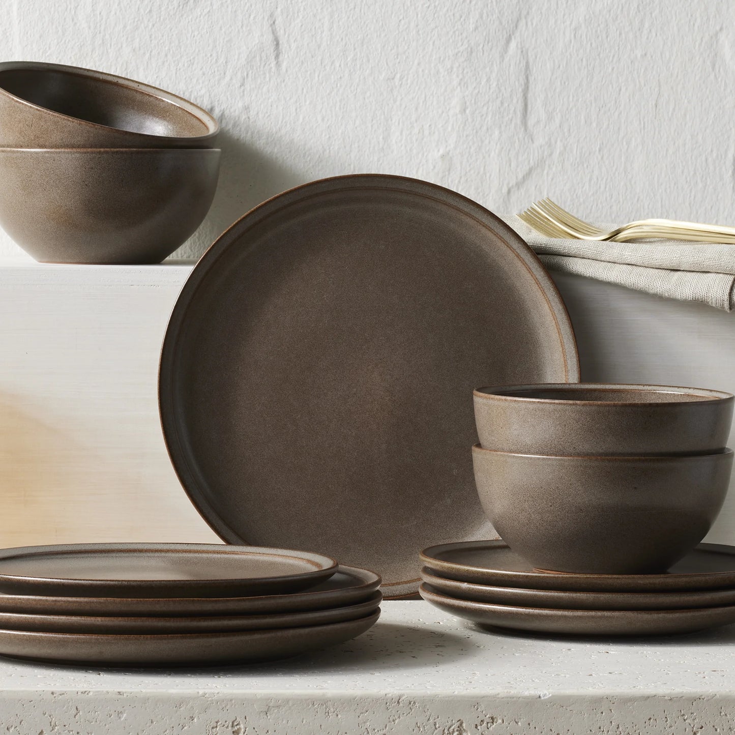 Better Homes and Gardens Banks Brown 12-Piece Stoneware Plates & Bowls Dinnerware Set